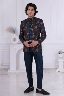 Picture of  Artistic Peacock Blue Designer Men’s Indo-Western for Engagement, Wedding, and Reception