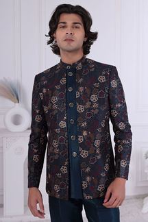 Picture of  Artistic Peacock Blue Designer Men’s Indo-Western for Engagement, Wedding, and Reception
