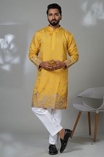 Picture of  Exuberant Turmeric Yellow Designer Men’s Kurta Pyjama for Haldi, Sangeet, and Parties