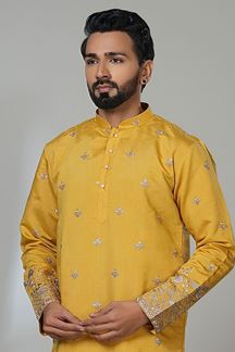 Picture of  Exuberant Turmeric Yellow Designer Men’s Kurta Pyjama for Haldi, Sangeet, and Parties