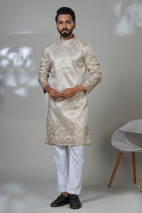 Picture of  Charming Beige Designer Men’s Kurta Pyjama for Festivals, Sangeet, and Parties