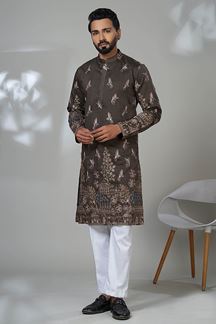 Picture of  Exquisite Chocolaty Designer Men’s Kurta Pyjama for Festivals, Sangeet, and Parties