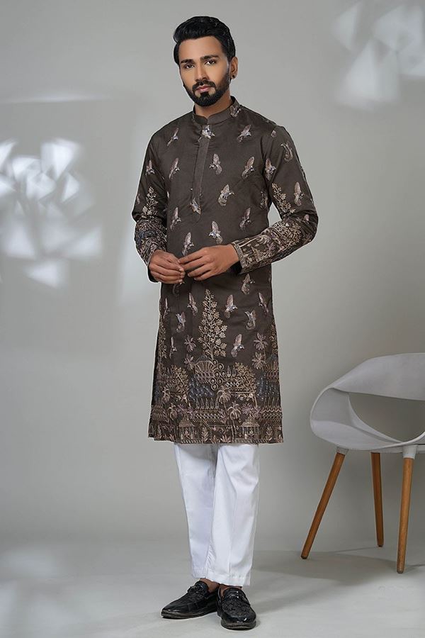 Picture of  Exquisite Chocolaty Designer Men’s Kurta Pyjama for Festivals, Sangeet, and Parties