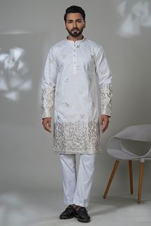 Picture of  Delightful White Designer Men’s Kurta Pyjama for Festivals, Sangeet, and Parties
