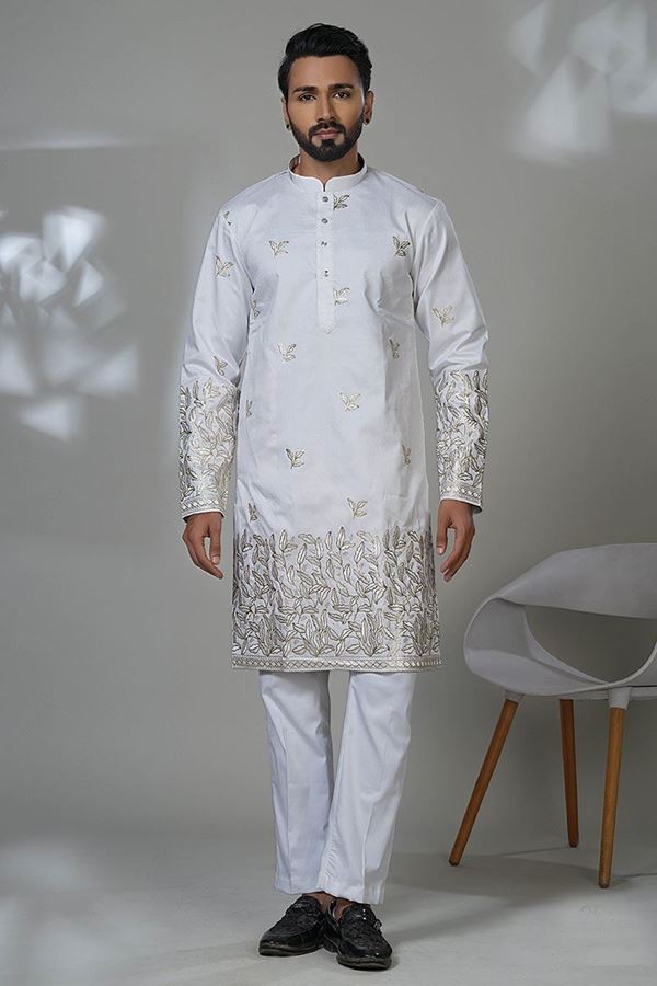 Picture of  Delightful White Designer Men’s Kurta Pyjama for Festivals, Sangeet, and Parties
