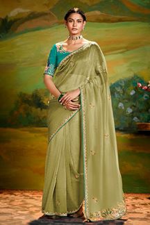 Picture of  Ethnic Tissue Organza Designer Saree for Mehendi, Sangeet, and Parties