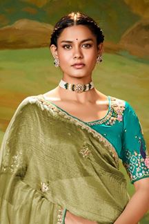 Picture of  Ethnic Tissue Organza Designer Saree for Mehendi, Sangeet, and Parties