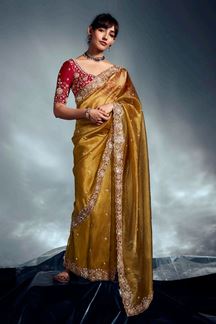 Picture of  Enticing Pure Silk Designer Saree for Haldi, Wedding, and Reception