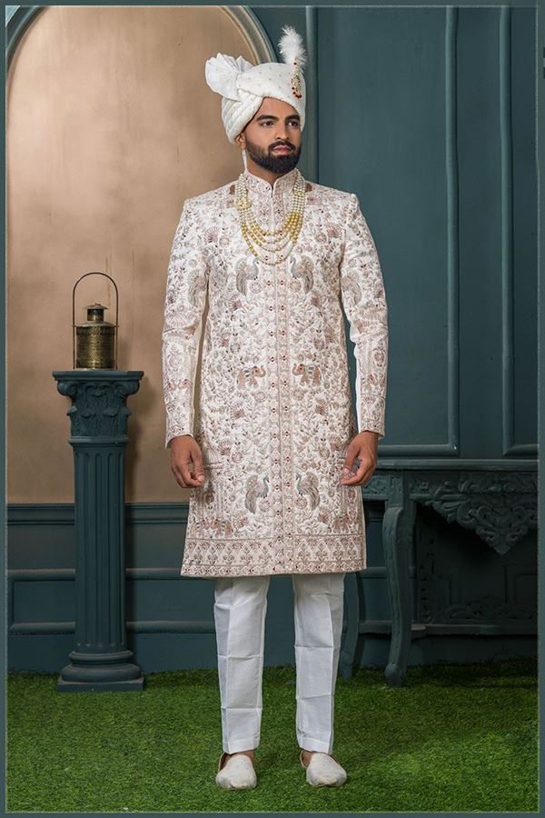 Picture of  Fashionable Cream Designer Sherwani for Wedding