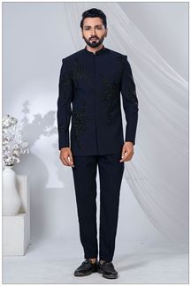 Picture of Fashionable Navy Blue Designer Jodhpuri Suit for Engagement, Wedding, and Reception