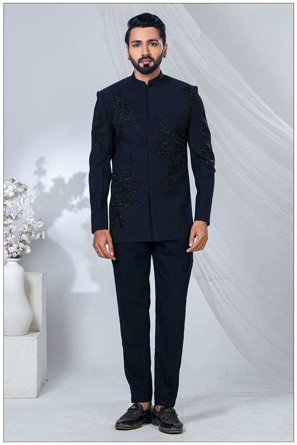 Picture of Fashionable Navy Blue Designer Jodhpuri Suit for Engagement, Wedding, and Reception