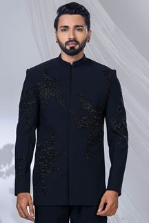 Picture of Fashionable Navy Blue Designer Jodhpuri Suit for Engagement, Wedding, and Reception