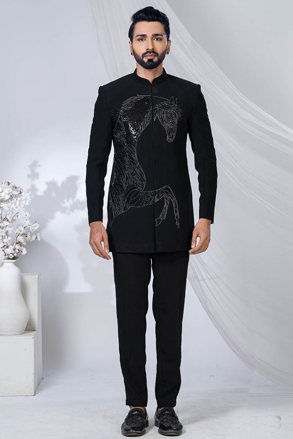 Picture of Captivating Jade Black Designer Jodhpuri Suit for Engagement, Wedding, and Reception