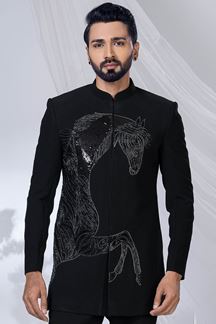 Picture of Captivating Jade Black Designer Jodhpuri Suit for Engagement, Wedding, and Reception