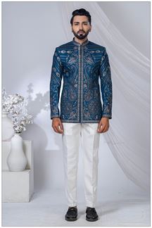 Picture of  Magnificent Peacock Blue Designer Jodhpuri Suit for Engagement, Wedding, and Reception