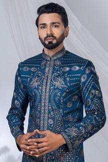 Picture of  Magnificent Peacock Blue Designer Jodhpuri Suit for Engagement, Wedding, and Reception