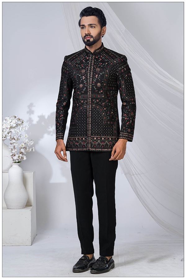 Picture of Stylish Black Designer Jodhpuri Suit for Engagement, Wedding, and Reception