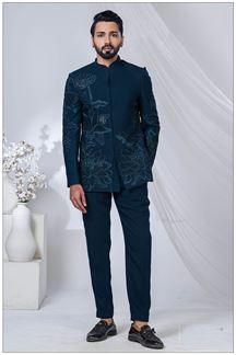 Picture of Dashing Peacock Blue Designer Jodhpuri Suit for Engagement and Reception