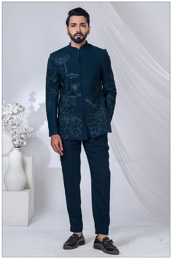Picture of Dashing Peacock Blue Designer Jodhpuri Suit for Engagement and Reception