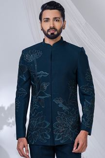 Picture of Dashing Peacock Blue Designer Jodhpuri Suit for Engagement and Reception