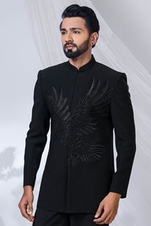 Picture of  Spectacular Jade Black Designer Jodhpuri Suit for Engagement, Wedding, and Reception