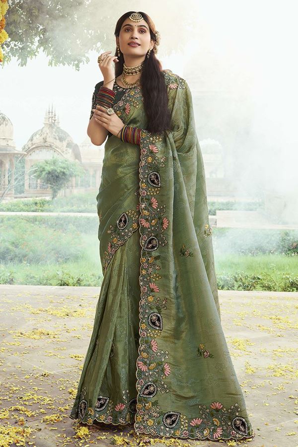Picture of  Dazzling Silk Designer Saree for Mehendi, Wedding and Reception