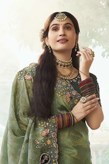 Picture of  Dazzling Silk Designer Saree for Mehendi, Wedding and Reception