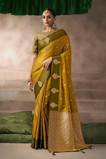 Picture of  Mesmerizing Pure Satin Silk Designer Saree for Haldi, Wedding, and Reception