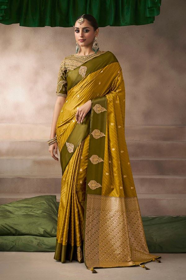 Picture of  Mesmerizing Pure Satin Silk Designer Saree for Haldi, Wedding, and Reception
