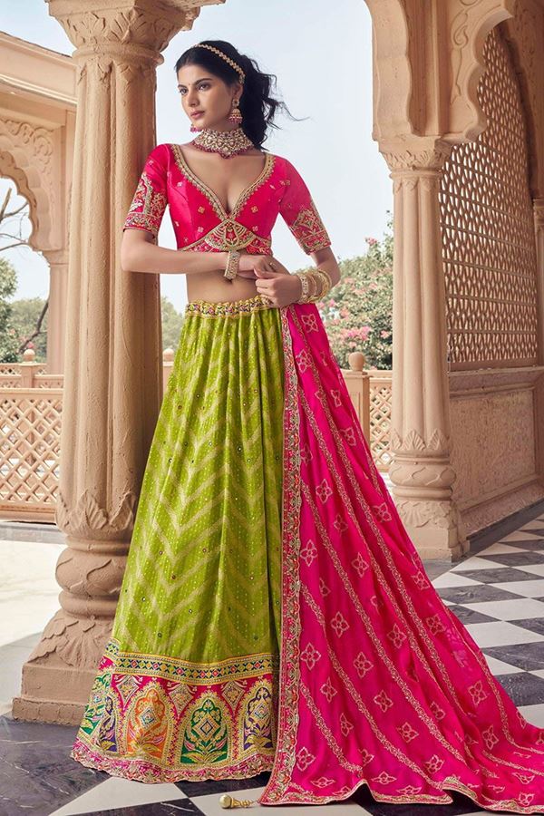 Picture of  Exuberant Parrot Green and Pink Designer Wedding Lehenga Choli for Wedding and Reception