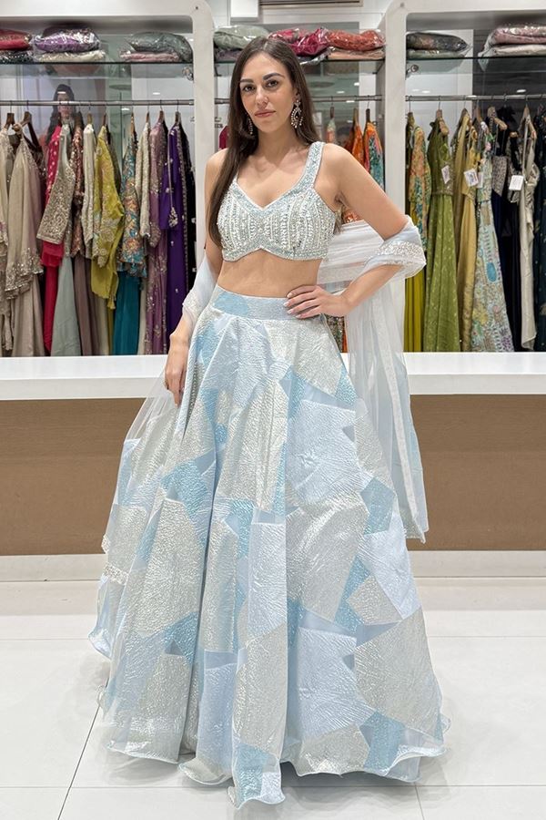 Picture of  Impressive Shimmer Jacquard Designer Indo-Western Lehenga Choli for Engagement, Reception, and Sangeet