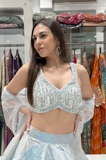 Picture of  Impressive Shimmer Jacquard Designer Indo-Western Lehenga Choli for Engagement, Reception, and Sangeet