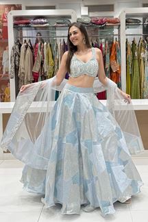 Picture of  Impressive Shimmer Jacquard Designer Indo-Western Lehenga Choli for Engagement, Reception, and Sangeet
