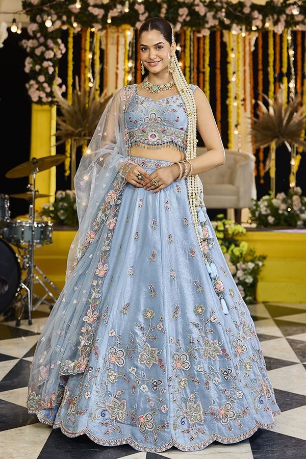 Picture of  Exuberant Sky Designer Indo-Western Lehenga Choli for Engagement and Reception