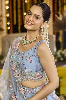 Picture of  Exuberant Sky Designer Indo-Western Lehenga Choli for Engagement and Reception