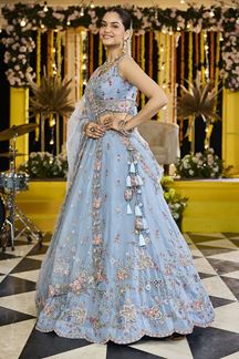Picture of  Exuberant Sky Designer Indo-Western Lehenga Choli for Engagement and Reception