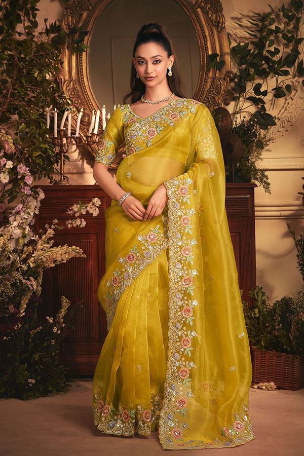Picture of  Impressive Tissue Organza Silk Designer Saree for Haldi, Wedding, and Reception