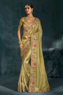 Picture of  Lovely Pure Ziraf Silk Designer Saree for Mehendi, Engagement, and Reception