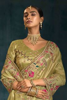 Picture of  Lovely Pure Ziraf Silk Designer Saree for Mehendi, Engagement, and Reception