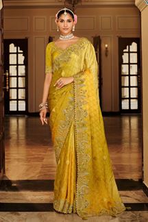 Picture of  Magnificent Pure Viscose Jacquard Silk Designer Saree for Haldi, Wedding, and Reception