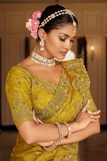 Picture of  Magnificent Pure Viscose Jacquard Silk Designer Saree for Haldi, Wedding, and Reception