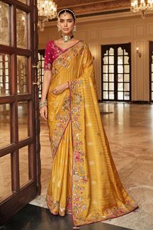Picture of  Artistic Pure Viscose Jacquard Silk Designer Saree for Haldi, Wedding, and Reception