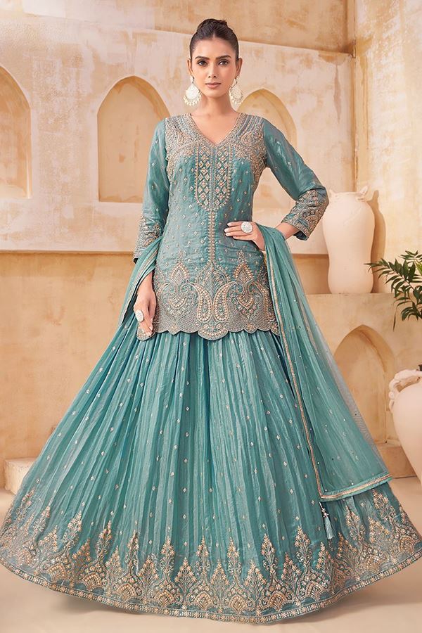 Picture of  Captivating Silk Designer Sharara Suit for Engagement, Wedding, and Reception