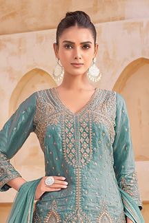Picture of  Captivating Silk Designer Sharara Suit for Engagement, Wedding, and Reception