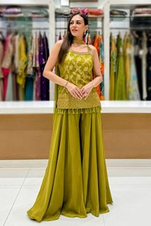 Picture of  Astounding Mehendi Green Designer Palazzo Suit for Mehendi, Engagement, and Reception