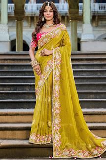 Picture of  Striking Viscose Satin Tissue Designer Saree for Haldi, Wedding, and Reception