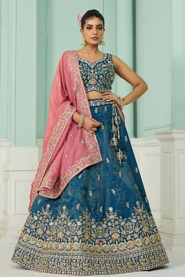 Picture of  Dazzling Cosmos Silk Designer Indo-Western Lehenga Choli for Engagement and Reception