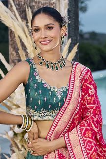 Picture of  Mesmerizing Cosmos Silk Designer Indo-Western Lehenga Choli for Mehendi, Wedding, and Reception