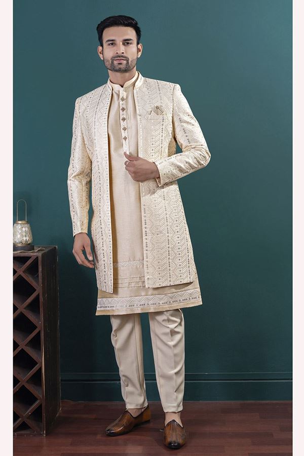 Picture of  Charming Gold Designer Men’s Indo-Western Sets for Engagement, Wedding, and Reception