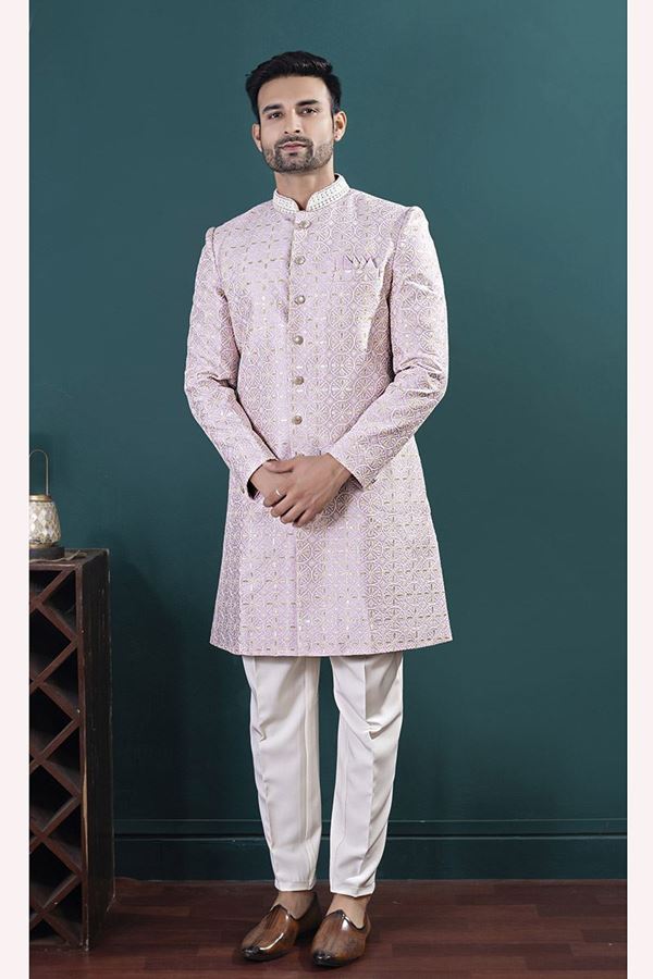 Picture of  Attractive Lavender Designer Men’s Indo-Western Sets for Engagement and Reception
